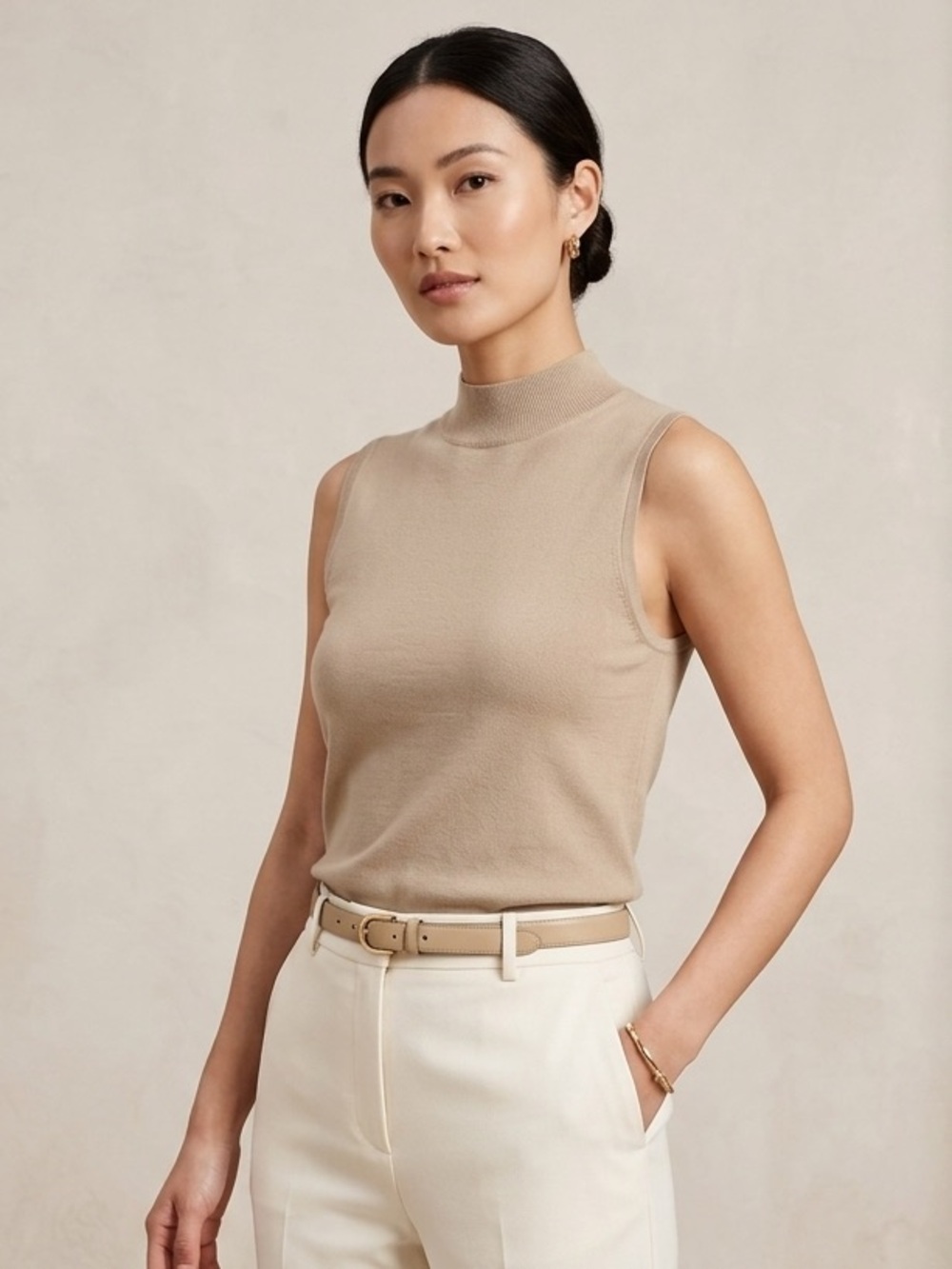 august silk Sleeveless Mock Neck Knit Top in Beige Old Money Quiet Luxury